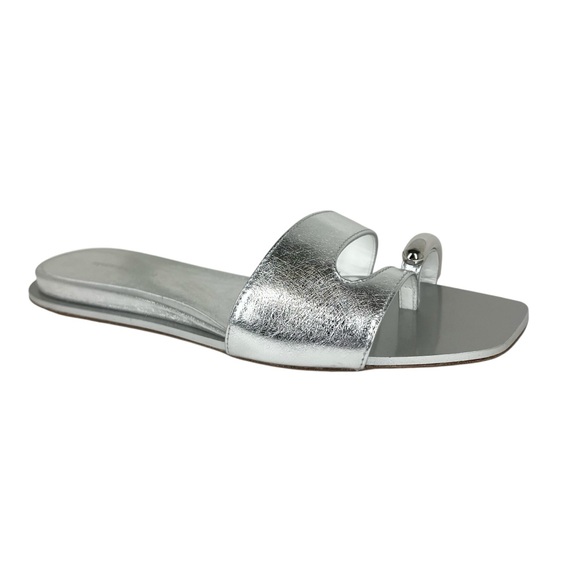 Tory Burch Pierced Slide Sandals Crinkle Metallic Leather Size 6 Silver 165827 - Picture 1 of 11